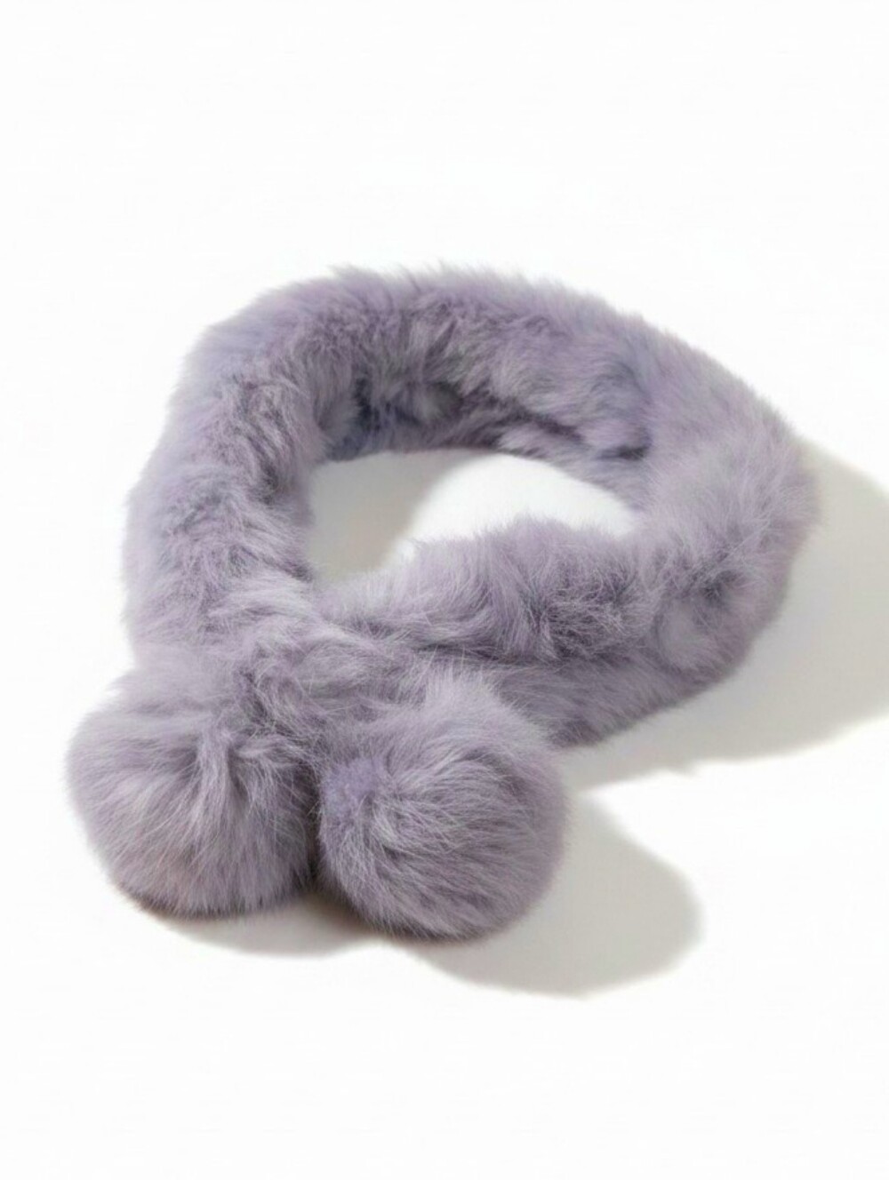 Plush Lavender Rabbit Fur Scarf with Pom-Poms